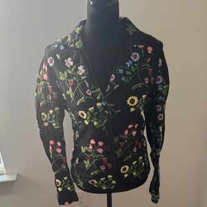 Pepper Floral Embroidered Black two‎ button front blazer / Jacket Sz L